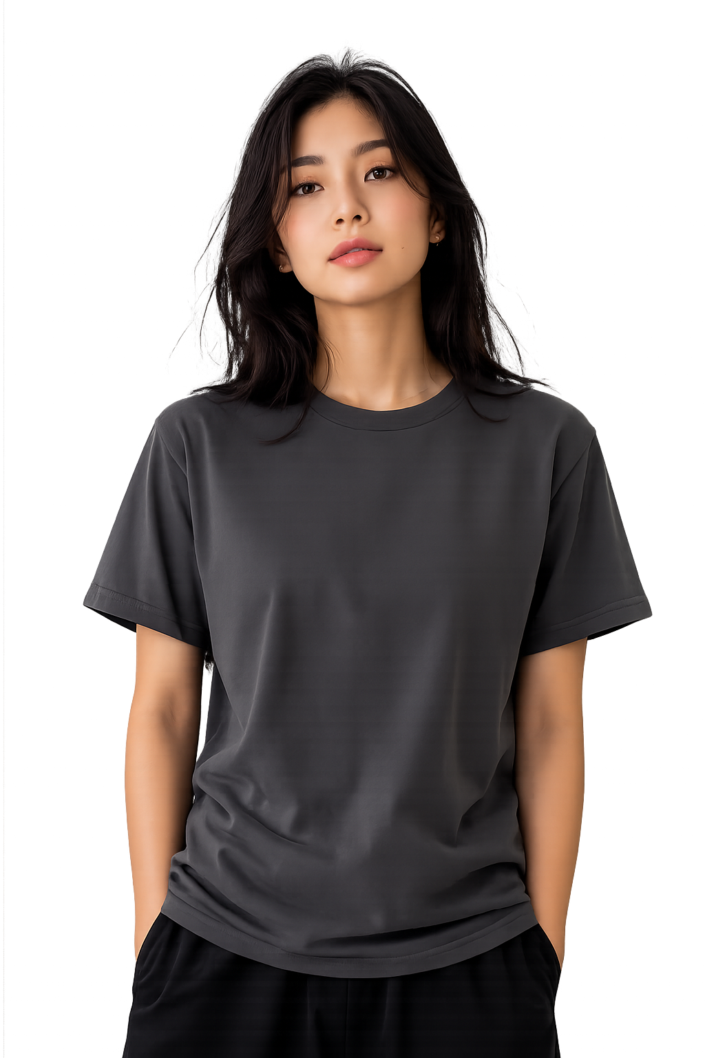 Asian woman wearing gray tshirt no background